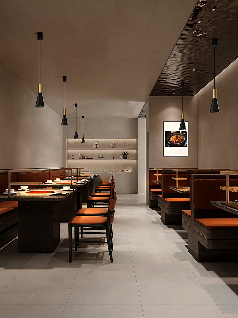 Restauracja z lampami wiszącymi BMT nad stolikami